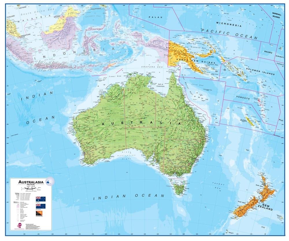 Kart over australia og new zealand fysisk