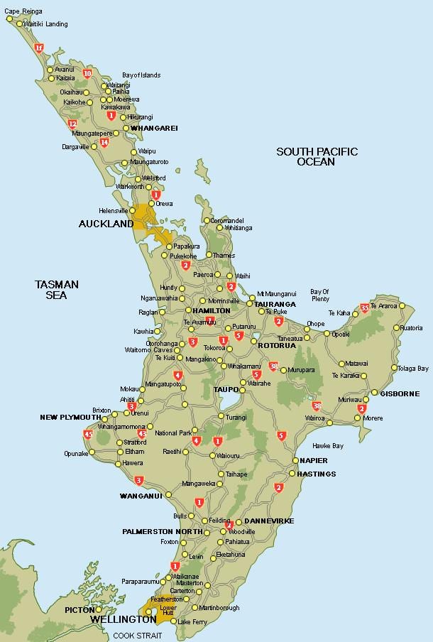 kart over sentrale north island på new zealand