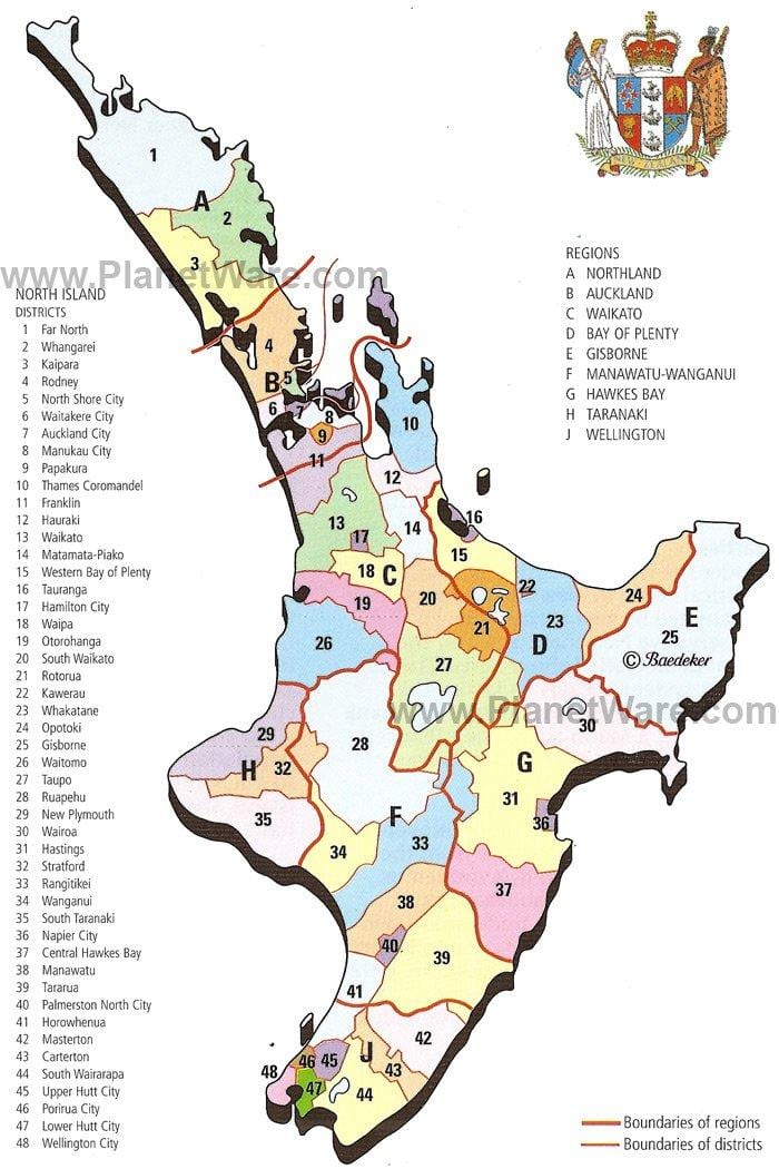 kart over new zealand-north island regioner og distrikter