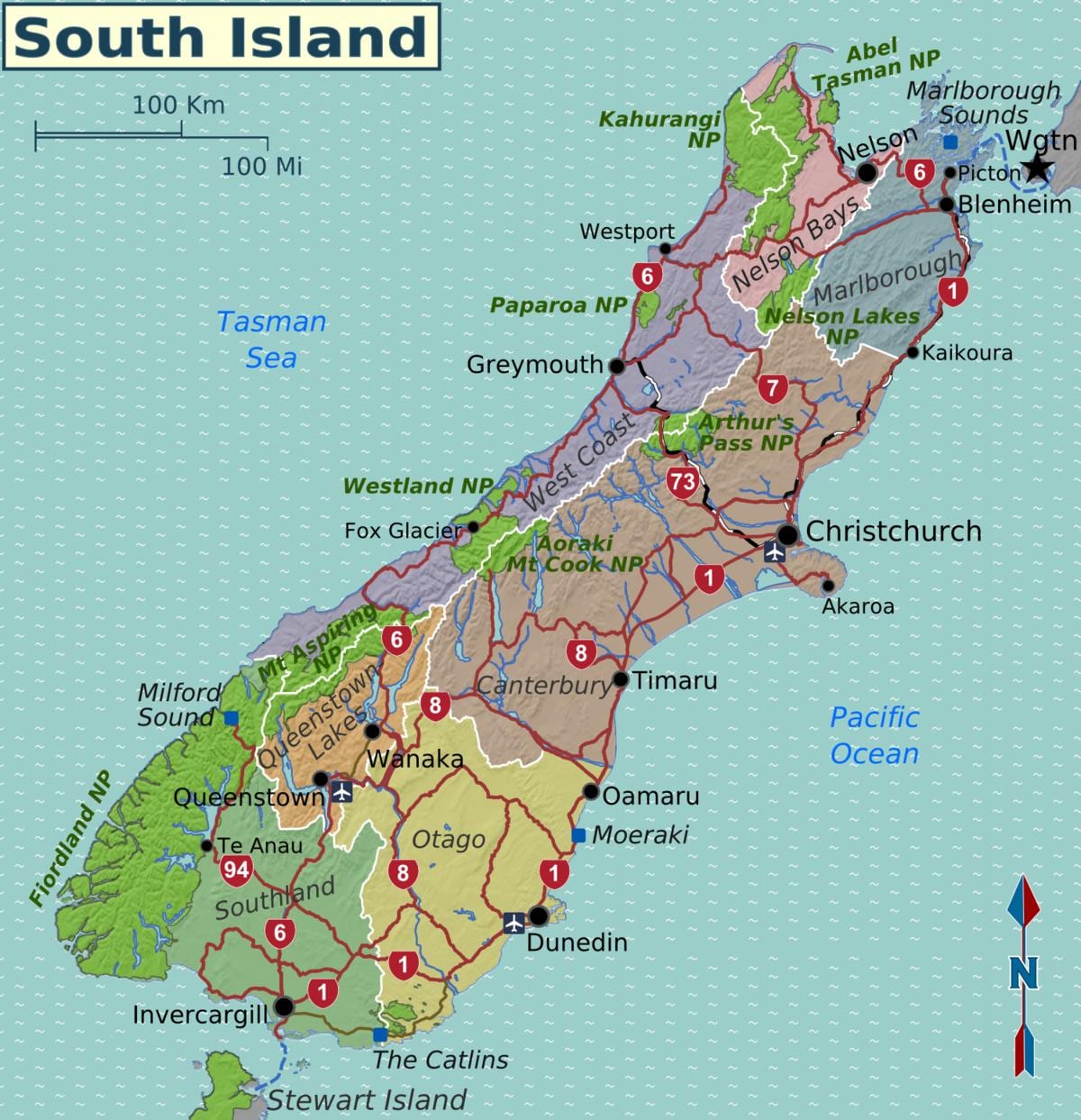 Kart over sør-island i new zealand regioner