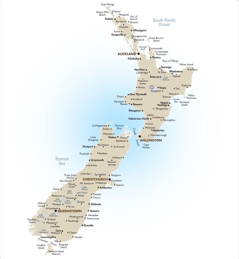Kart over new zealand høydepunkter
