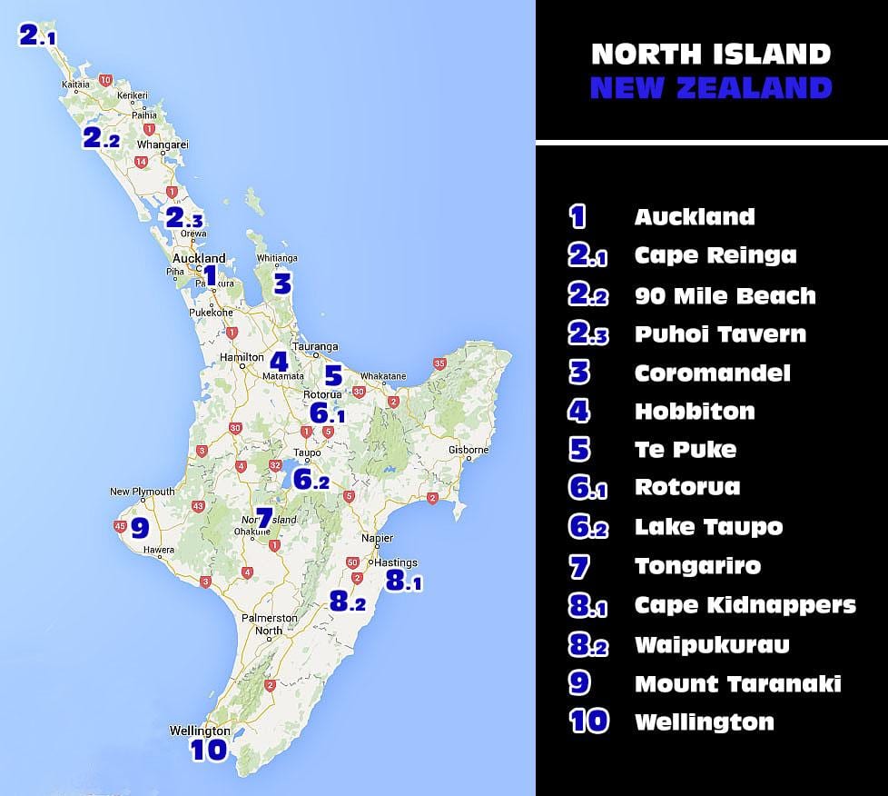 Kart over new zealand-north island attraksjoner