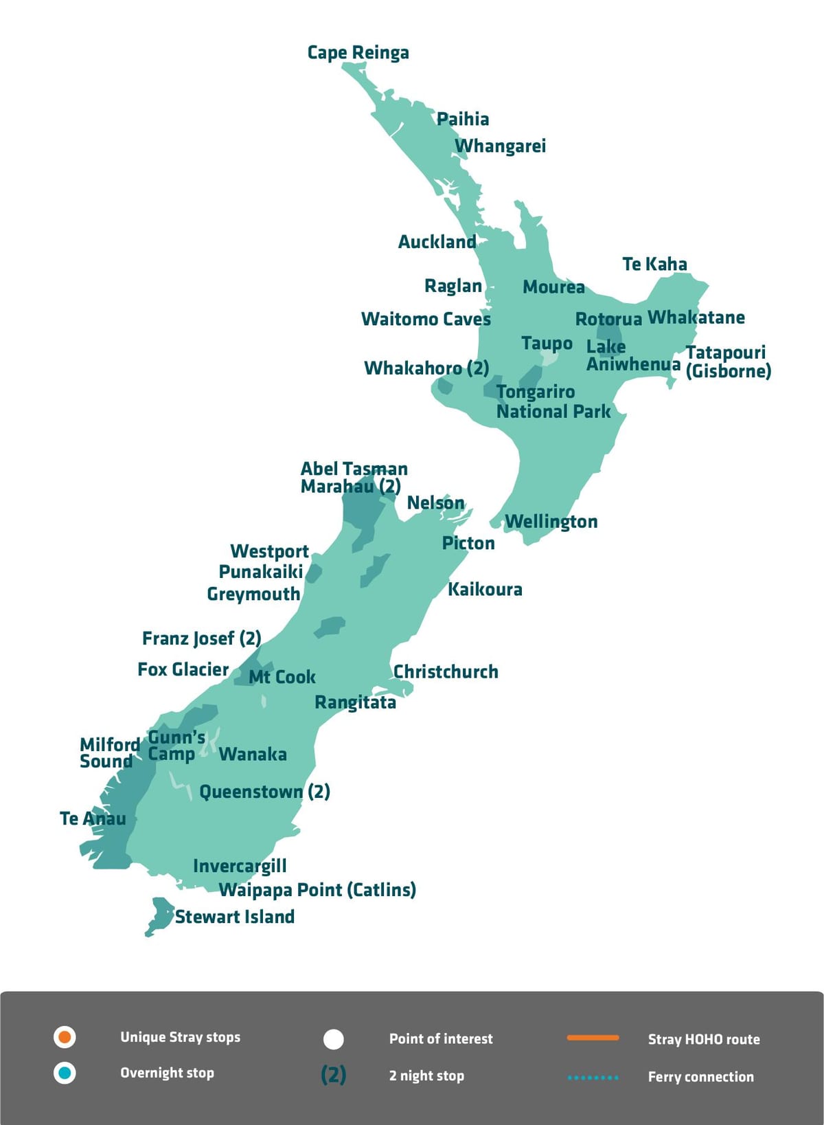 Kart over new zealand sightseeing