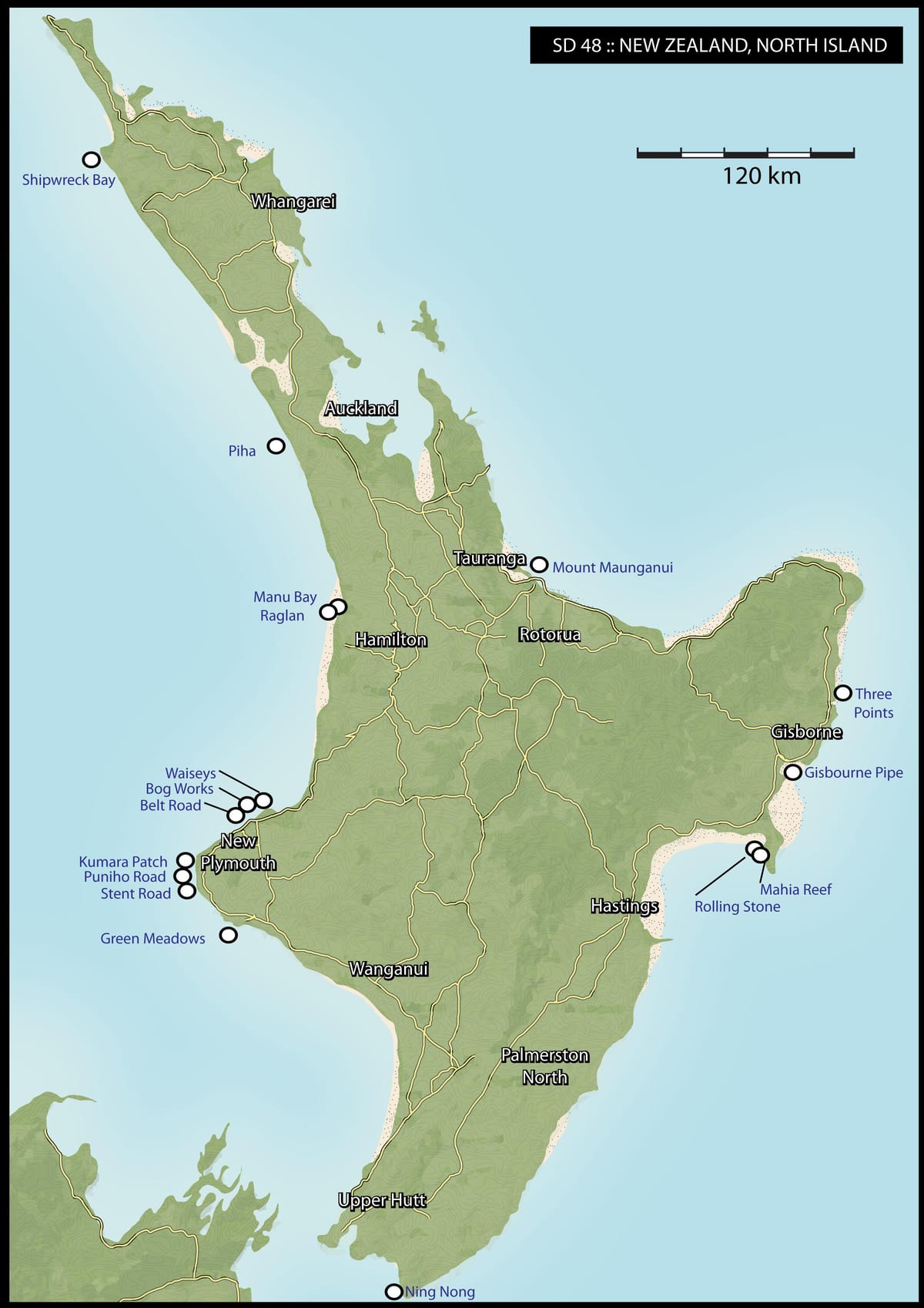Kart over new zealand surfe