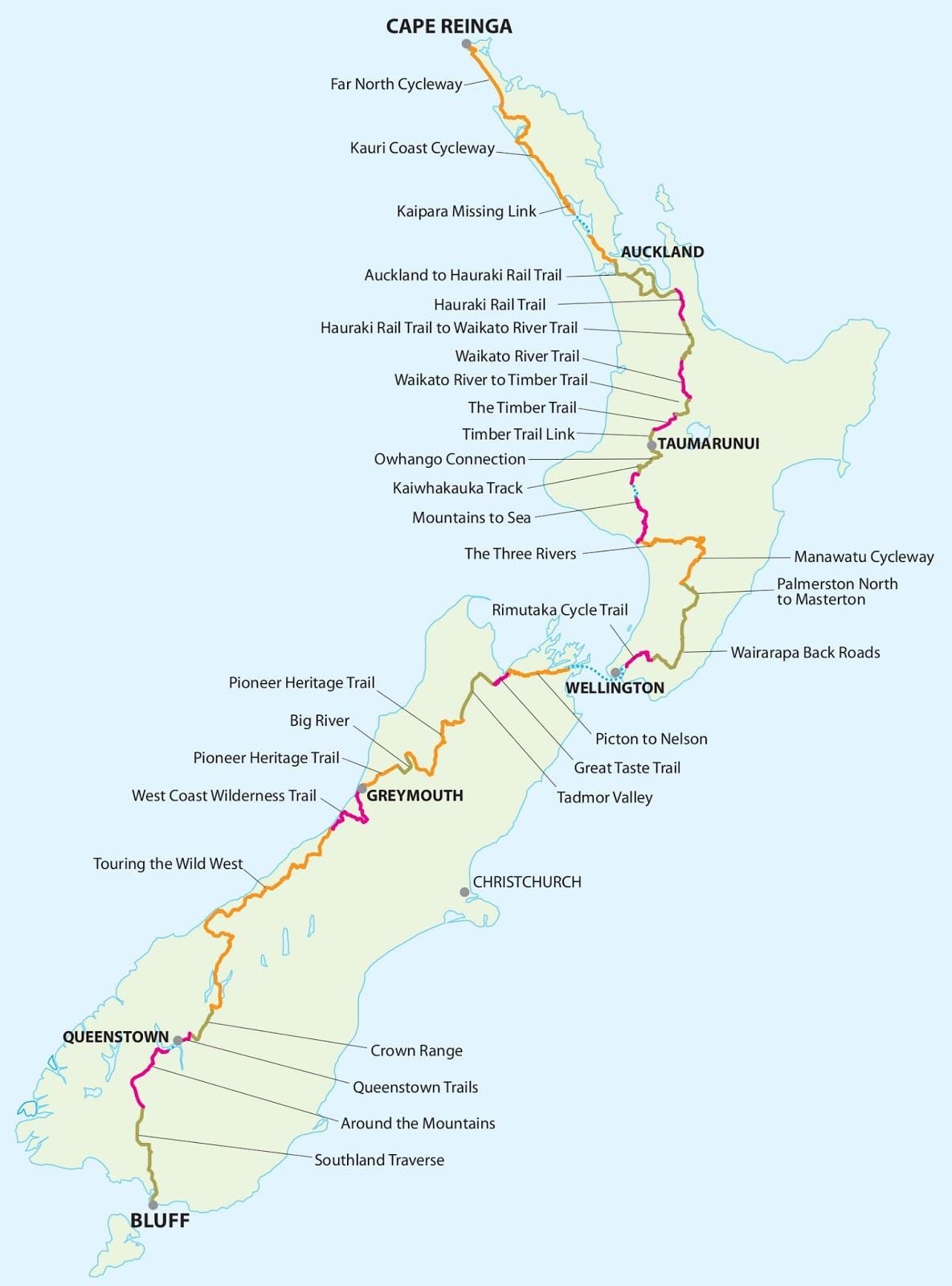 Kart over new zealand syklus trail