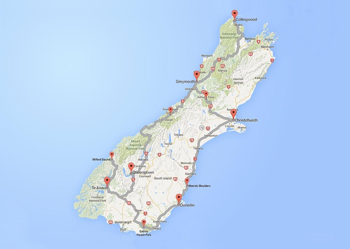 detaljert veikart for sør-island new zealand