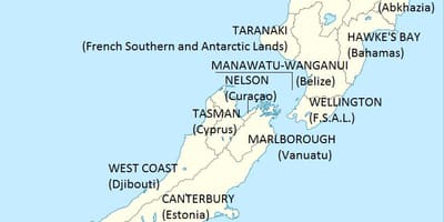 Kart over new zealand og omkringliggende land